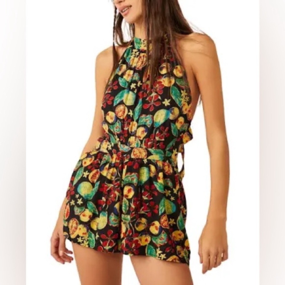 Free People Black Tropical Halter Romper with Green & Yellow Floral Print